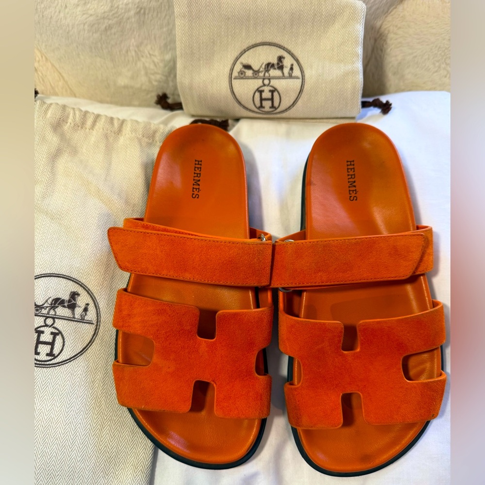 Hermes Orange Suede Oran Slide Sandals